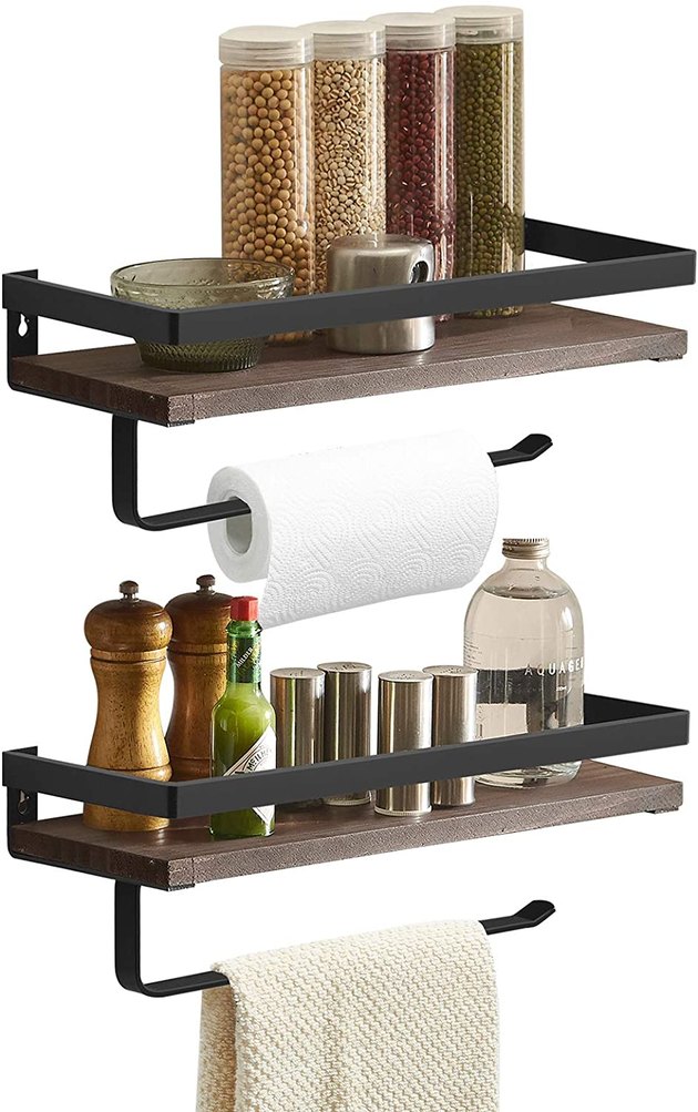 This is as adorable as it is practical. Organize spices or display kitchen knick-knacks while offering easy access to you paper towel stash. The combination of the wood shelf and metal holder will work in nearly any style space.
