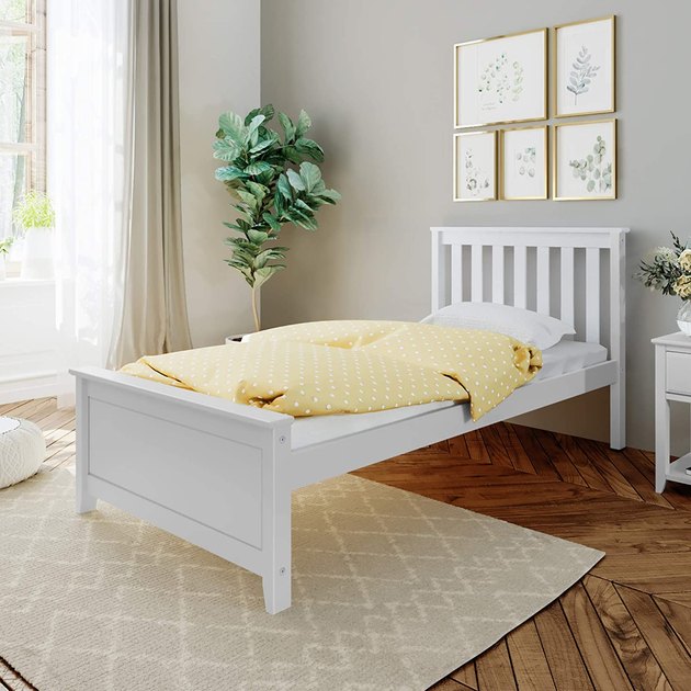 Looking for a timeless wooden bed frame? Here's your answer. Select from a variety of neutral finishes — including clay, blue, and espresso. Plus, the slatted headboard and flush, color matching hardware provide a high-end look at a rather affordable price.