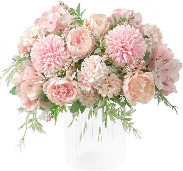 Artificial flower bouquet featuring hydrangeas, peonies, and carnations. 