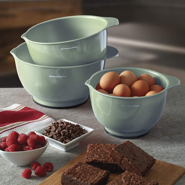 This classic set of KitchenAid mixing bowls is what every kitchen could use. It comes in several vibrant colors and each bowl has a non-slip base and a pouring spout.