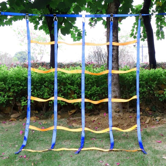 An outdoor climbing net with a polyester-woven belt that can hold up to 600 pounds that can easily connect with a swing set, tree house, or other outdoor structure. 