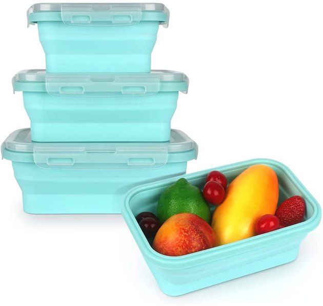 Safe for refrigerators, microwaves, and dishwashers, these high-quality food grade silicone containers come in three sizes and store like a breeze. They're also super light weight and the silicone base avoids any fear of broken glass.