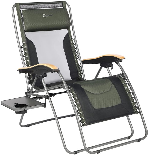 Between the breathable mesh, 170-degree reclining capabilities, and oversize seat, this camping accessory checks all the necessary boxes and more. Select between your favorite neutral fabric shade: dark blue, gray or green. Enjoy thick padding, a built in pillow, and side table with cup holder.