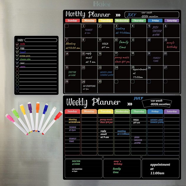 This handy dry-erase calendar comes with three separate planners, eight markers, and an eraser. Organize by day, week, and month on either this blackboard or the traditional whiteboard option.