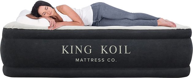 Skip the added accessories and use this air mattress, complete with a built-in air pump. At 13 inches thick and fully inflated in under two minutes, the mattress is just what you need for overnight guests. The fully flocked mattress provides tons of comfort with a quilt top, built-in pillow, and adjustable firmness. It weighs a little over 18 pounds, has a weight capacity of 600 pounds, and a one-year warranty.