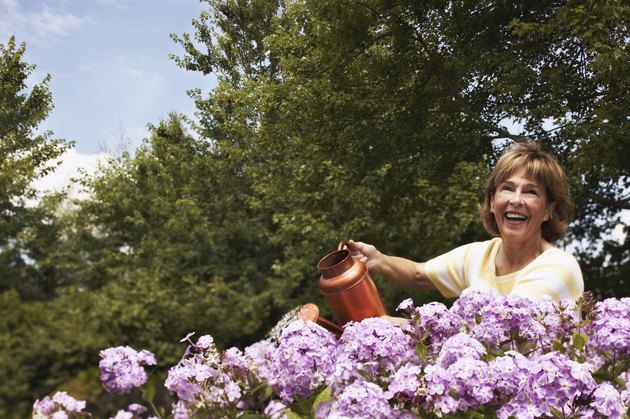 Smiling woman watering flowers