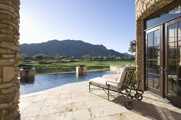 Sunlounger with view of mountains in Palm Springs, Riverside County, California