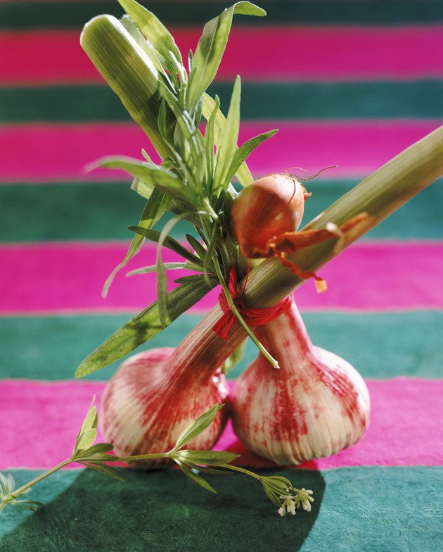 Onion bulb tied with herb, close-up