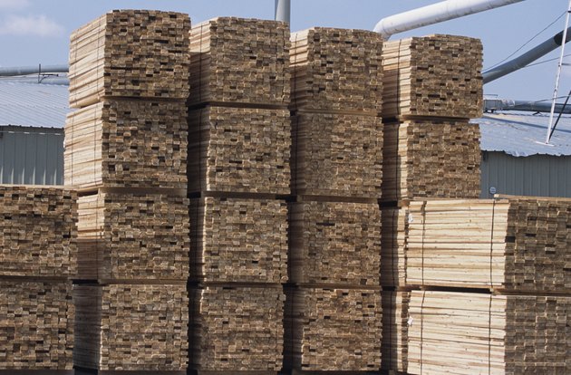 Stacked wood planks in lumber yard at large sawmill, Idaho, USA