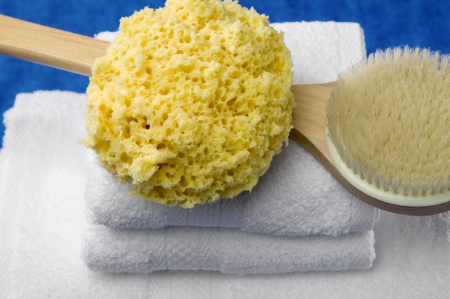 Sea sponge and back scrubber on top of towels