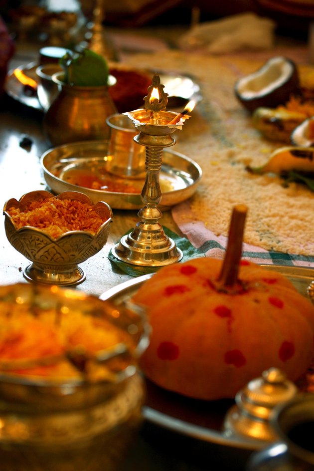 View of lamps and pooja material