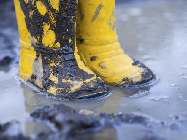 Yellow boots in puddle