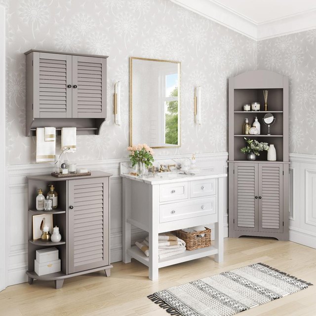 Bathroom Tall Corner Cabinet with Doors and Adjustable Shelves,Grey - Wood Finish