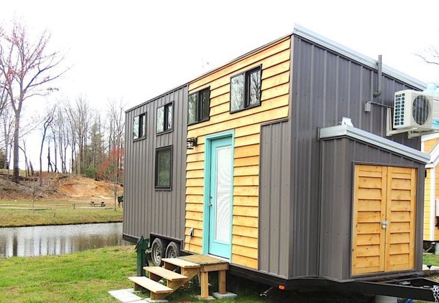 A peek at one of the vacation retreats for rent at a micro-house village near the Great Smoky Mountains in Flat Rock, North Carolina.