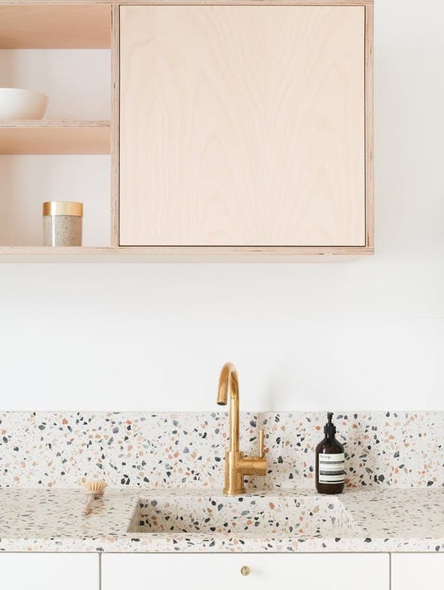 Scandinavian Kitchen With Terrazzo Countertop And Integrated Sink Scandinavian Kitchen With Terrazzo Countertop And Integrated Sink