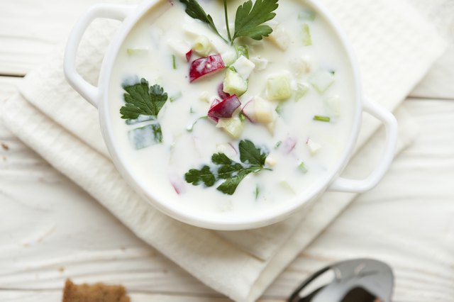 "Russian traditional Okroshka, summer soup"