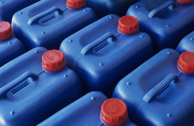 Plastic jerry cans in Plastics factory, Spain, close-up, elevated view
