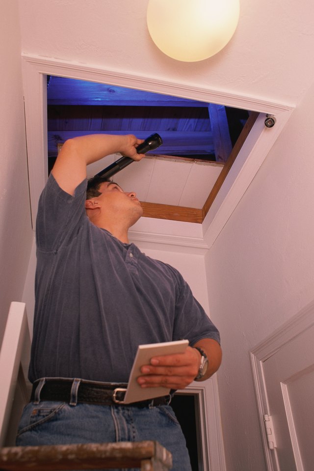 Man standing on ladder to look in attic, using flashlight