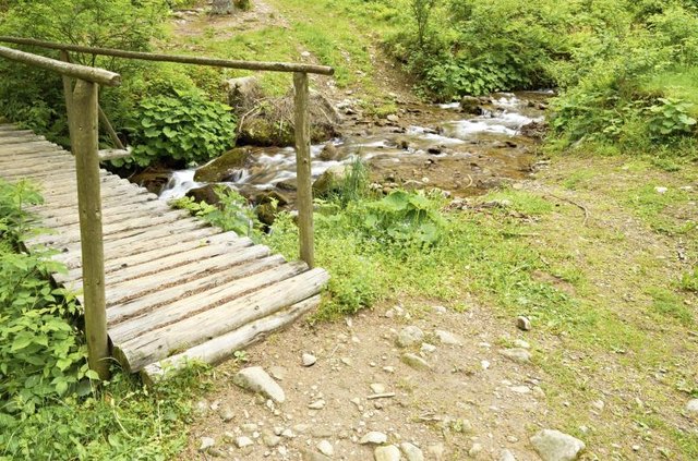 Wooden bridge over mountain river