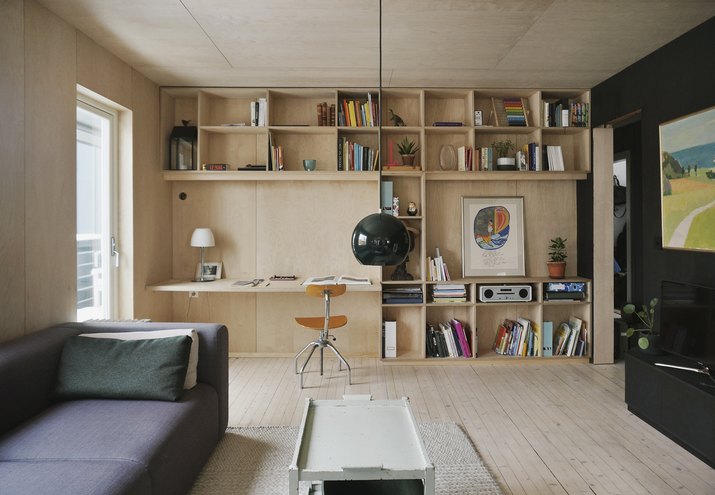living room with built in bookcase