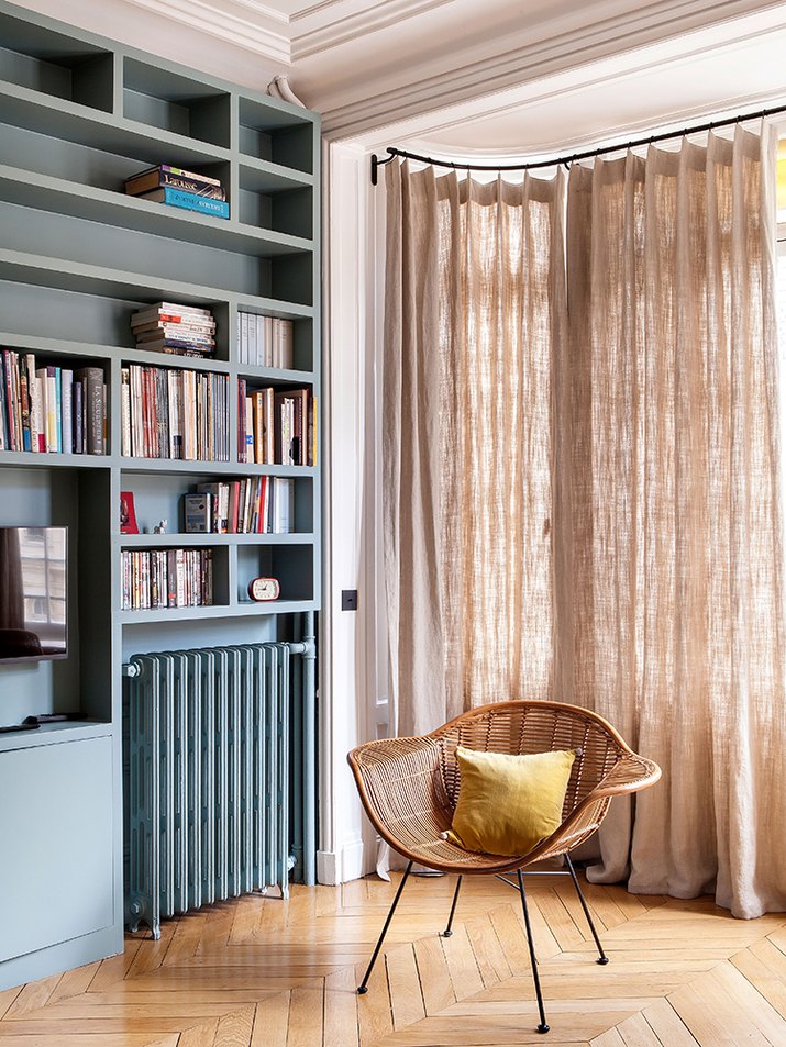 parisian Living Room with built in bookcase