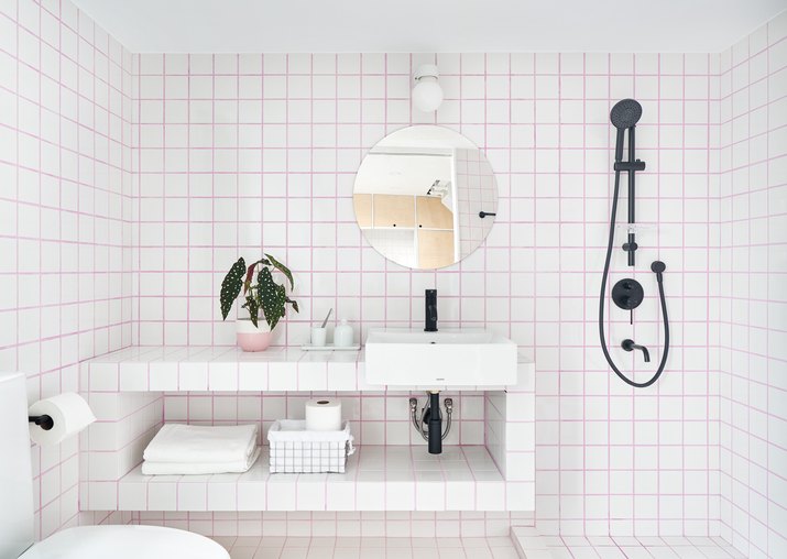 minimalist pink and white tile Bathroom