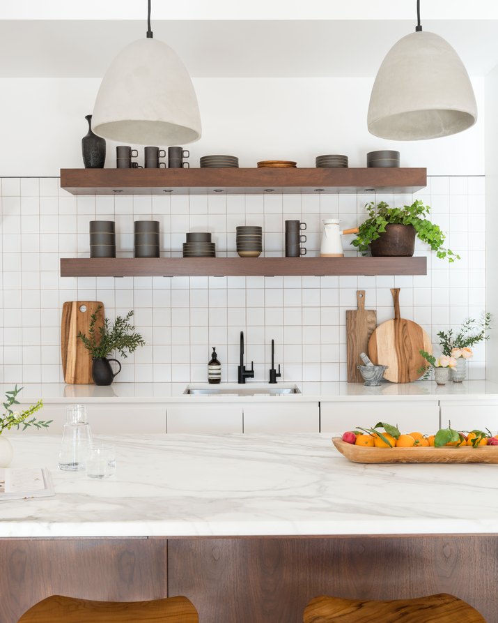 minimalist kitchen with marble kitchen island