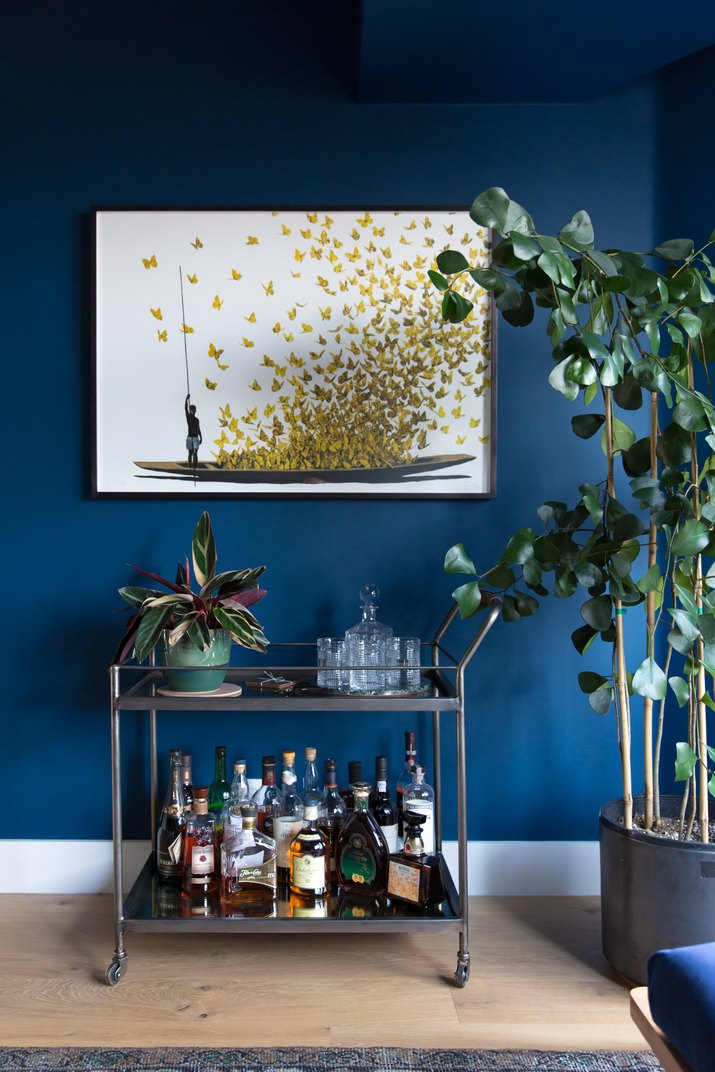 blue office with bar cart
