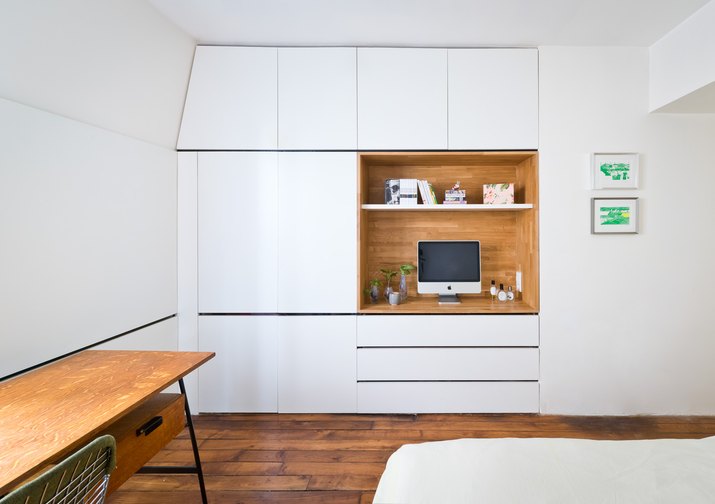 minimalist bedroom with built in storage