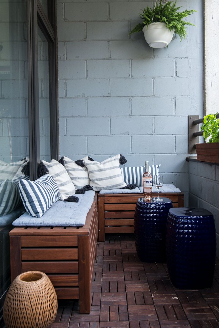 small patio with bench seating