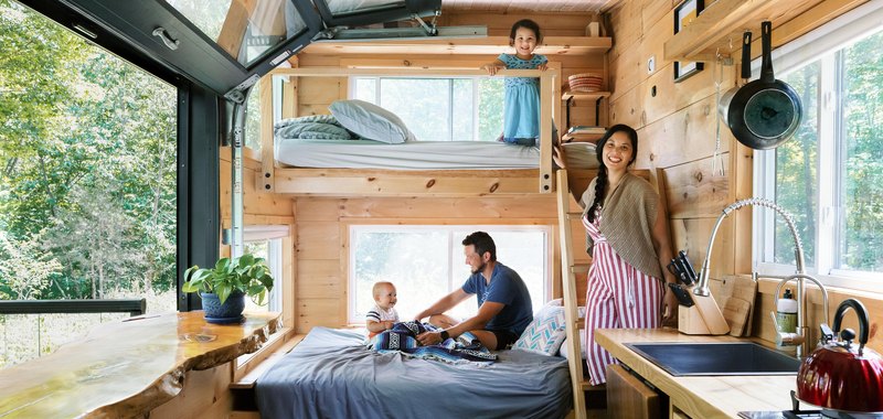 Cabinscape interior of bed and kitchen